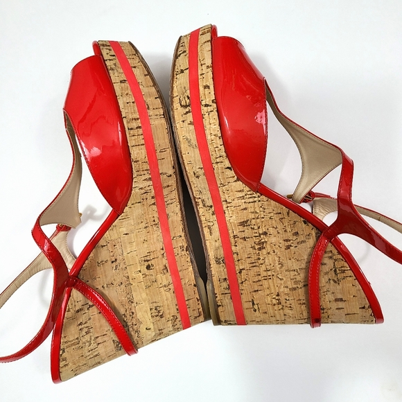 Prada Alaia Red Patent Leather Cork Wedge Heels - Picture 4 of 13